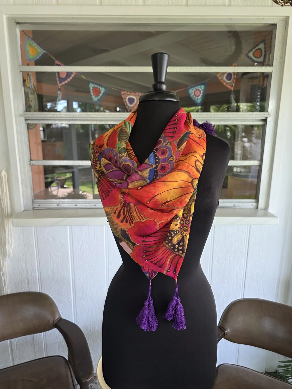 Laurel Burch Mandala Sheer Scarf Orange, Purple & Pink Floral Tassel Scarf